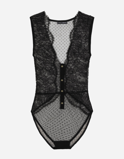 Shop Dolce & Gabbana Lace Bodysuit With Plunging Neckline In Black