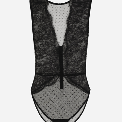 Shop Dolce & Gabbana Lace Bodysuit With Plunging Neckline In Black