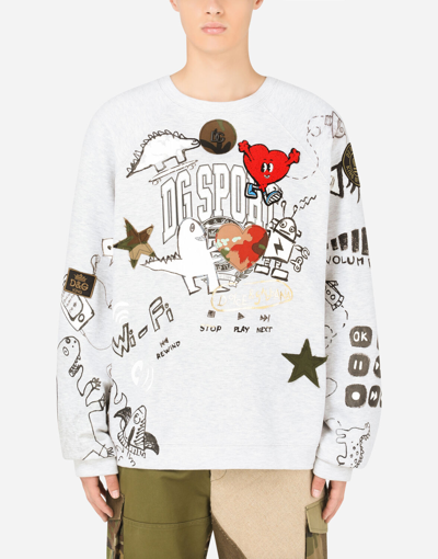 Shop Dolce & Gabbana Printed Jersey Sweatshirt With Patch In Grey