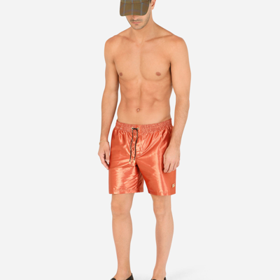 Shop Dolce & Gabbana Mid-length Swim Trunks With Metal Dg Logo In Orange