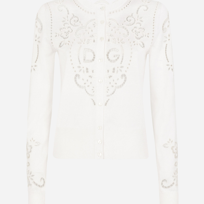 Dolce & Gabbana Silk Cardigan With Dg Openwork Embroidery In White