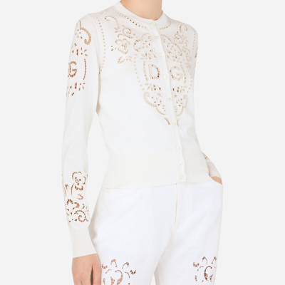Dolce & Gabbana Silk Cardigan With Dg Openwork Embroidery In White