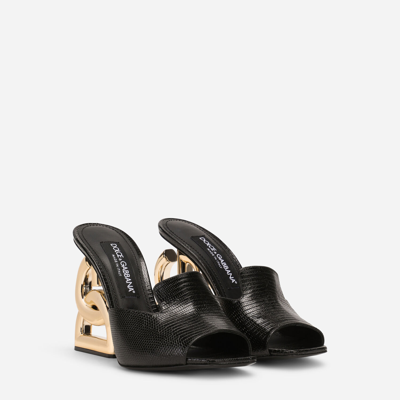 Shop Dolce & Gabbana Iguana-print Calfskin Mules With Dg Pop Heel In Black