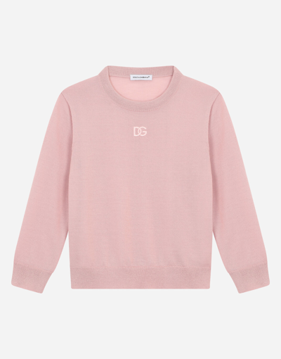 Dolce & Gabbana Cashmere Round-neck Sweater With Dg Logo Embroidery In Pink
