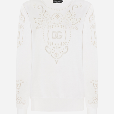 Shop Dolce & Gabbana Silk Sweater With Dg Openwork Embroidery In White