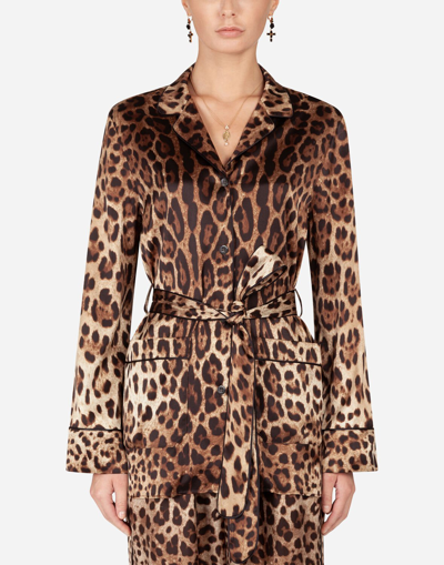 Shop Dolce & Gabbana Leopard-print Satin Pajama Shirt With Belt In Animal Print