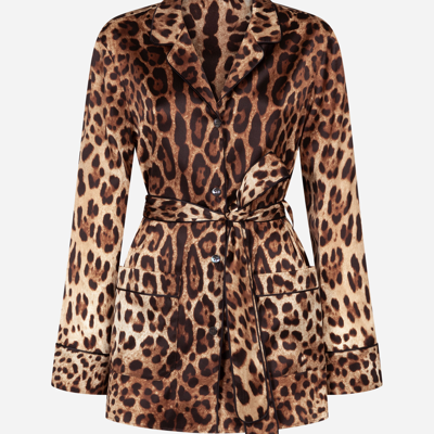 Shop Dolce & Gabbana Leopard-print Satin Pajama Shirt With Belt In Animal Print