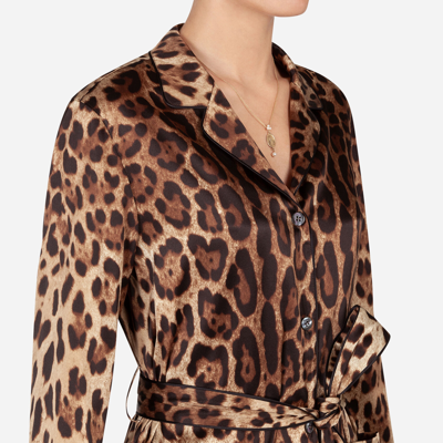 Shop Dolce & Gabbana Leopard-print Satin Pajama Shirt With Belt In Animal Print