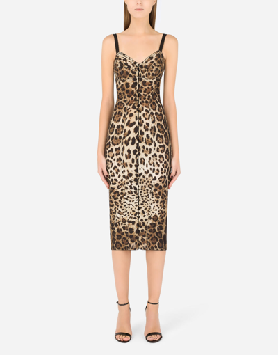 Shop Dolce & Gabbana Marquisette Calf-length Dress With Leopard Print In Animal Print