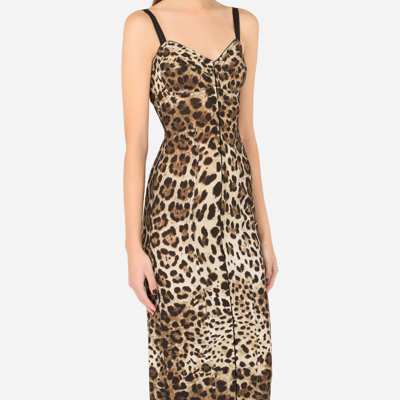 Shop Dolce & Gabbana Marquisette Calf-length Dress With Leopard Print In Animal Print