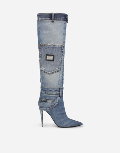Dolce & Gabbana Blue Jean Denim Patchwork Stiletto Boots In Blue