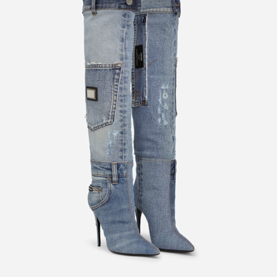 Dolce & Gabbana Blue Jean Denim Patchwork Stiletto Boots In Blue