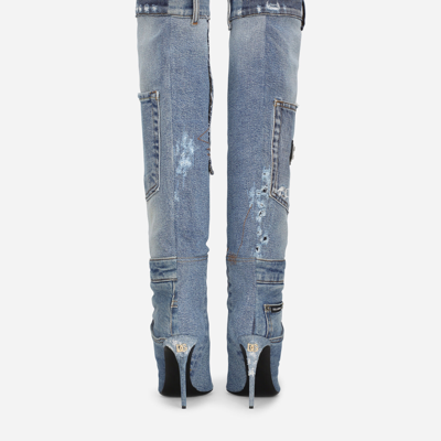 Dolce & Gabbana Blue Jean Denim Patchwork Stiletto Boots In Blue