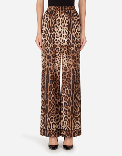 Dolce & Gabbana Leopard Print Wide Leg Stretch Silk Satin Pajama Pants In Leo Print