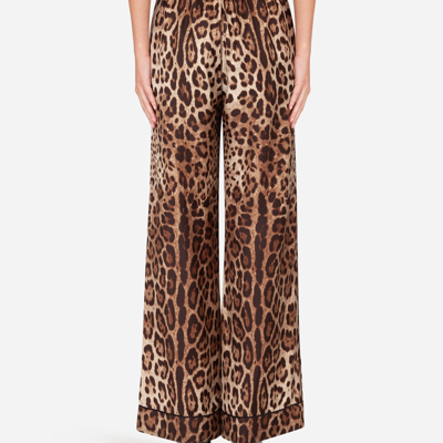 Dolce & Gabbana Leopard Print Wide Leg Stretch Silk Satin Pajama Pants In Leo Print