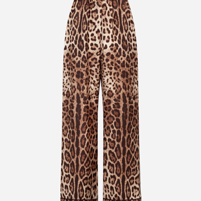 Dolce & Gabbana Leopard Print Wide Leg Stretch Silk Satin Pajama Pants In Leo Print