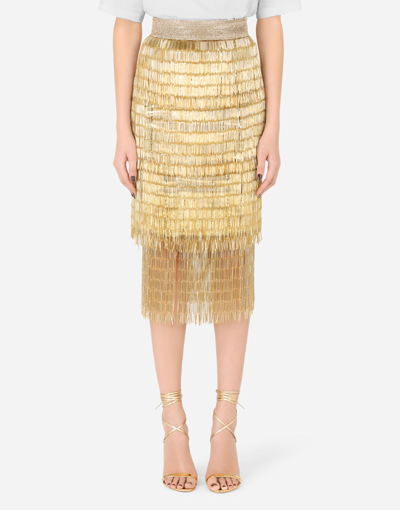 Shop Dolce & Gabbana Lace Midi Skirt With Sequined Fringing In Multicolor