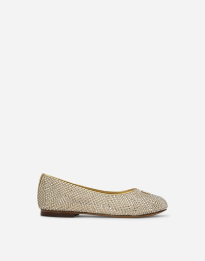 Dolce & Gabbana Satin Dg Logo Ballet Flats With Fusible Rhinestones In Gold