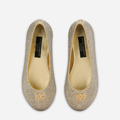 Shop Dolce & Gabbana Satin Dg Logo Ballet Flats With Fusible Rhinestones In Gold