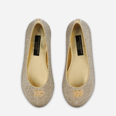 Dolce & Gabbana Satin Dg Logo Ballet Flats With Fusible Rhinestones In Gold