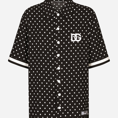 Shop Dolce & Gabbana Oversize Shirt With Polka-dot Print And Dg Patch In Multicolor