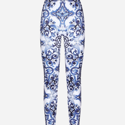 Dolce & Gabbana Blu Mediterraneo Painterly Logo Leggings In Multicolor