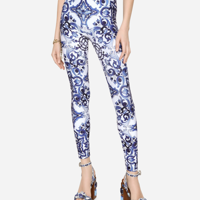 Dolce & Gabbana Blu Mediterraneo Painterly Logo Leggings In Multicolor