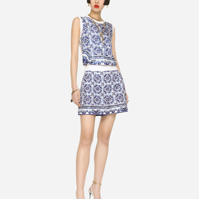 Dolce & Gabbana Sleeveless Silk And Twill Sweater With Majolica Print In Multicolor