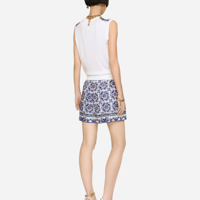 Dolce & Gabbana Sleeveless Silk And Twill Sweater With Majolica Print In Multicolor