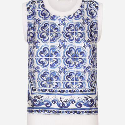 Dolce & Gabbana Sleeveless Silk And Twill Sweater With Majolica Print In Multicolor