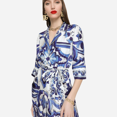 Shop Dolce & Gabbana Long Majolica-print Twill Shirt Dress In Multicolor