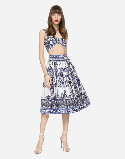 Shop Dolce & Gabbana Poplin Midi Skirt With Majolica Print In Multicolor