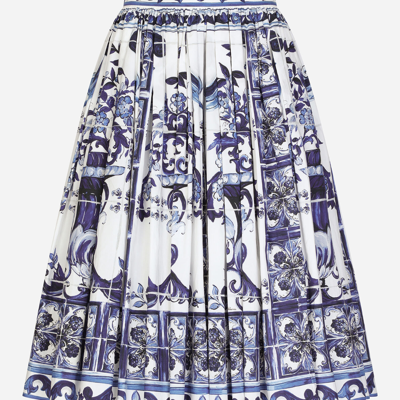 Shop Dolce & Gabbana Poplin Midi Skirt With Majolica Print In Multicolor