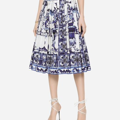 Shop Dolce & Gabbana Poplin Midi Skirt With Majolica Print In Multicolor