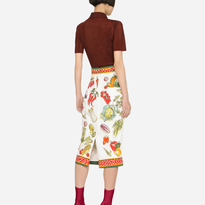 Shop Dolce & Gabbana Vegetable-print Charmeuse Calf-length Skirt In Multicolor