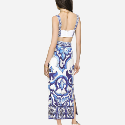 Dolce & Gabbana Majolica-print Charmeuse Calf-length Skirt With Slit In Multicolor