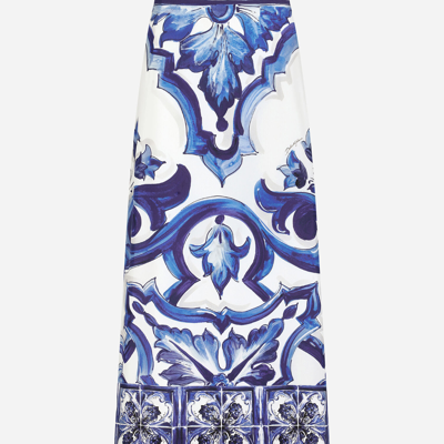 Dolce & Gabbana Majolica-print Charmeuse Calf-length Skirt With Slit In Multicolor