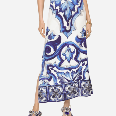 Dolce & Gabbana Majolica-print Charmeuse Calf-length Skirt With Slit In Multicolor
