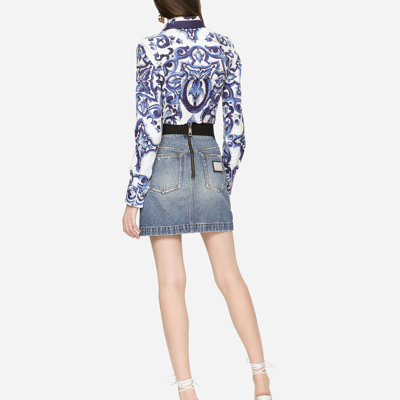 Shop Dolce & Gabbana Short Denim Skirt With Branded Waistband In Multicolor
