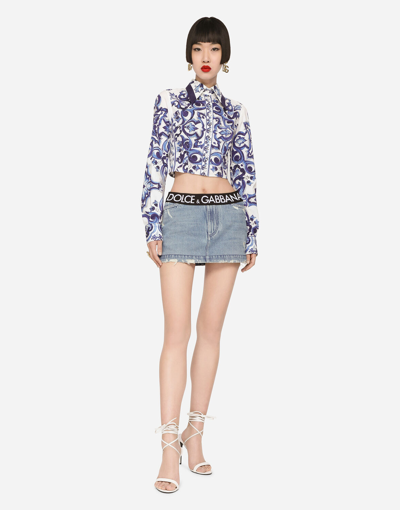 Shop Dolce & Gabbana Denim Miniskirt With Branded Waistband In Multicolor