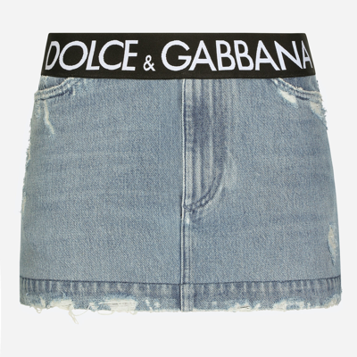 Shop Dolce & Gabbana Denim Miniskirt With Branded Waistband In Multicolor