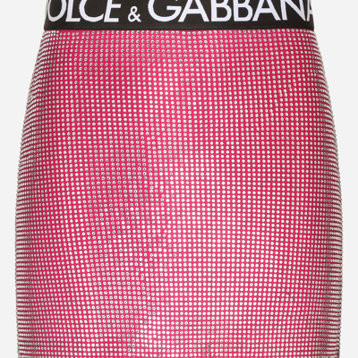 Shop Dolce & Gabbana Jersey Miniskirt With Fusible Rhinestones In Fuchsia