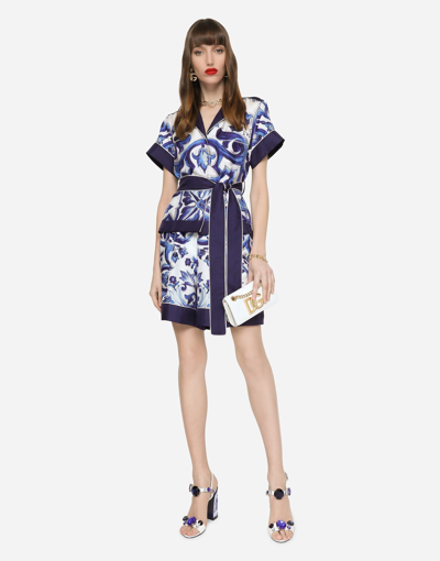 Dolce & Gabbana Majolica-print Twill Shirt With Belt In Multicolor