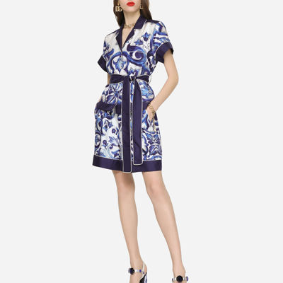 Dolce & Gabbana Majolica-print Twill Shirt With Belt In Multicolor