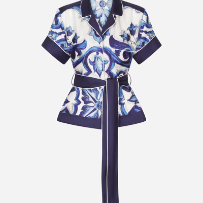 Dolce & Gabbana Majolica-print Twill Shirt With Belt In Multicolor