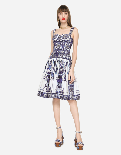 Shop Dolce & Gabbana Midi Corset Dress In Cotton Poplin With Majolica Print In Multicolor