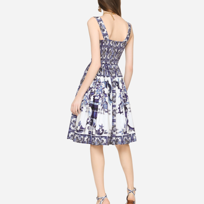 Shop Dolce & Gabbana Midi Corset Dress In Cotton Poplin With Majolica Print In Multicolor