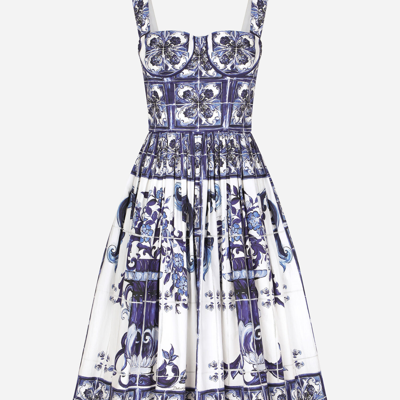 Shop Dolce & Gabbana Midi Corset Dress In Cotton Poplin With Majolica Print In Multicolor
