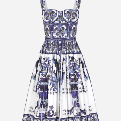 Shop Dolce & Gabbana Bustier Midi Dress In Majolica-print Poplin In Multicolor