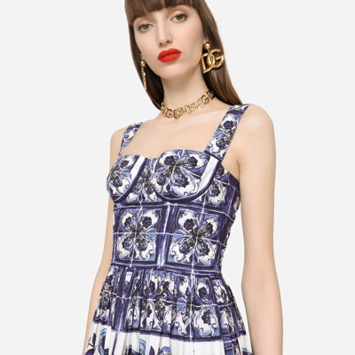 Shop Dolce & Gabbana Midi Corset Dress In Cotton Poplin With Majolica Print In Multicolor